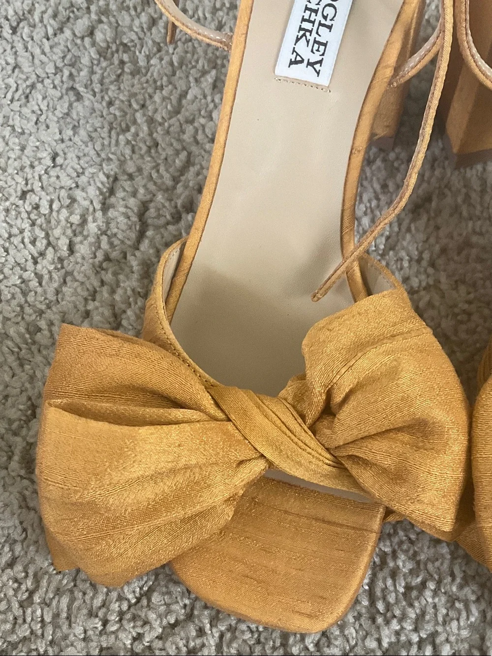 Badgley Mischka Mustard Bow Block Heel Ankle-Strap Sandal